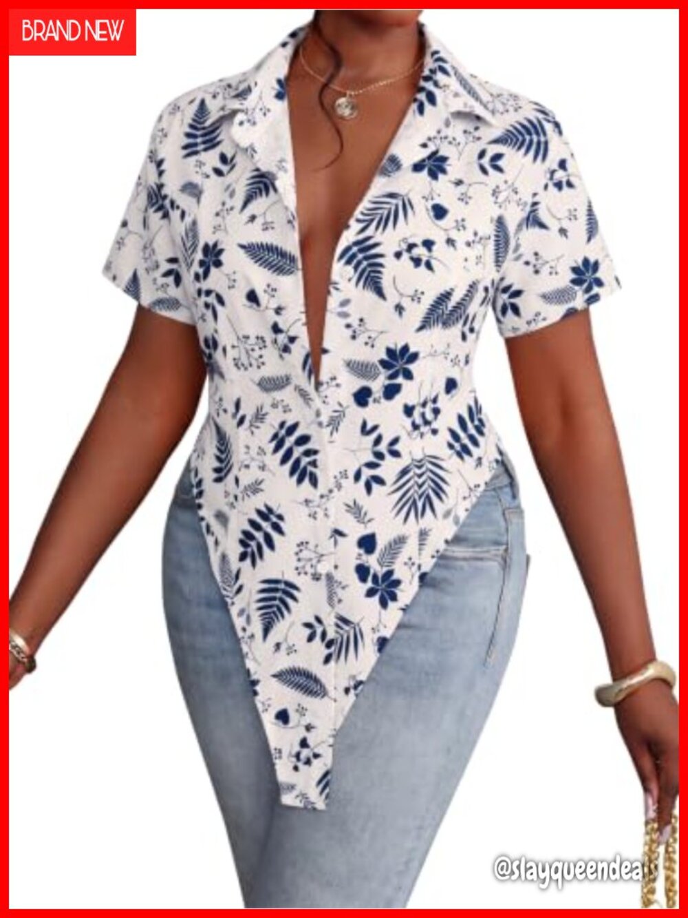 Women's V Neck Button Front Split Hem Tunic Top